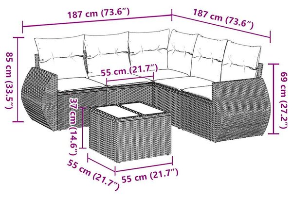 6 részes fekete polyrattan kerti ülőgarnitúra párnákkal