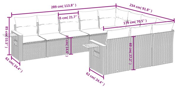 10 részes fekete polyrattan kerti ülőgarnitúra párnákkal