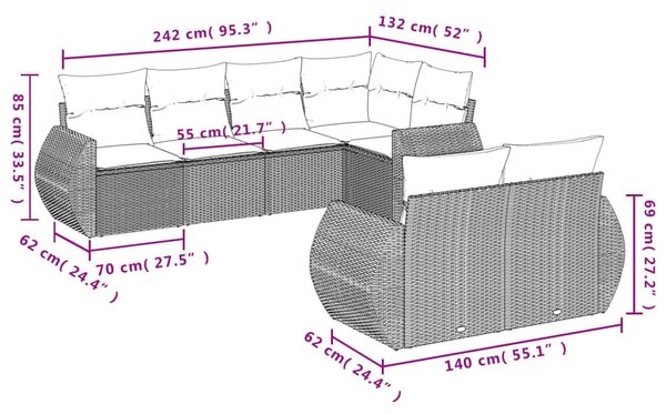 7 részes fekete polyrattan kerti ülőgarnitúra párnával