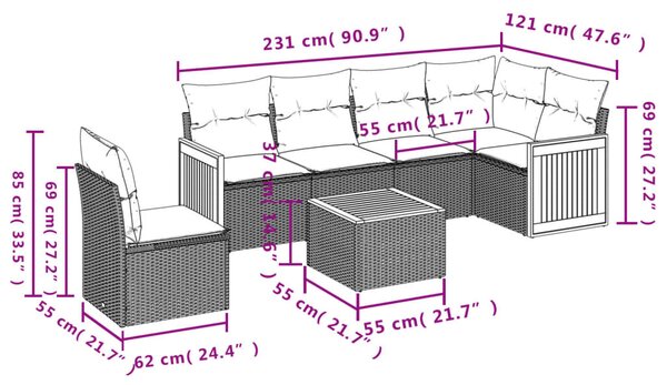 7 részes fekete polyrattan kerti ülőgarnitúra párnával