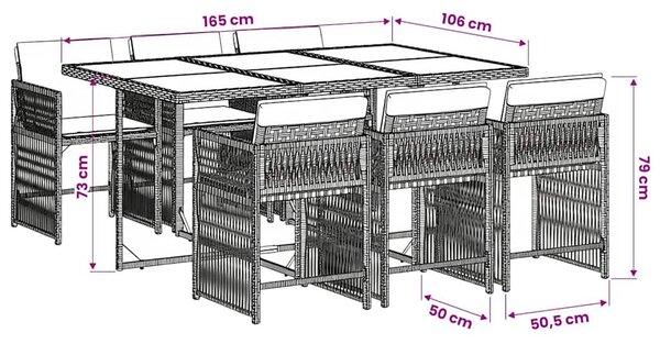 7 részes fekete polyrattan kerti étkezőgarnitúra párnával