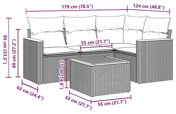 5 részes fekete polyrattan kerti kanapészett párnákkal