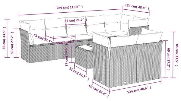 9 részes fekete polyrattan kerti ülőgarnitúra párnákkal