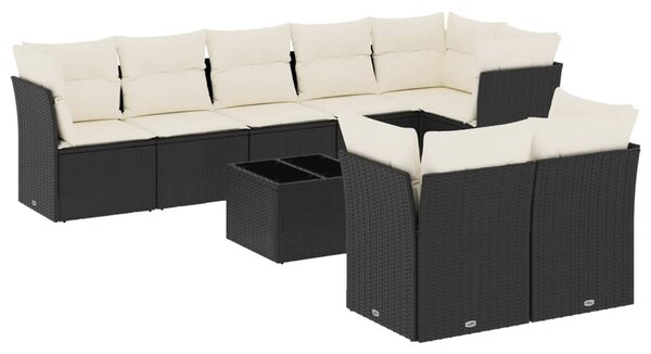 9 részes fekete polyrattan kerti ülőgarnitúra párnákkal
