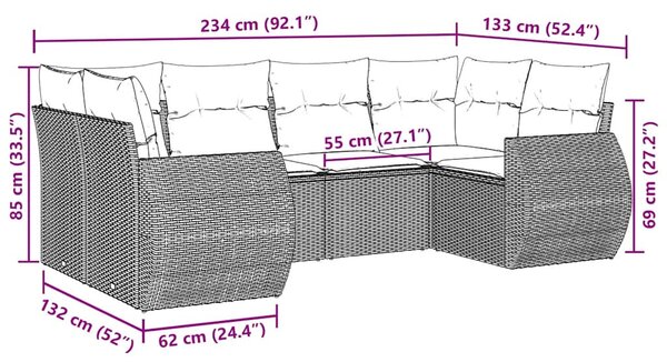 6 részes fekete polyrattan kerti ülőgarnitúra párnákkal