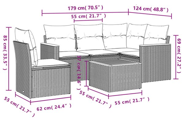 6 részes fekete polyrattan kerti ülőgarnitúra párnákkal