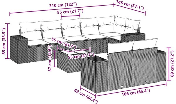 9 részes fekete polyrattan kerti ülőgarnitúra párnákkal
