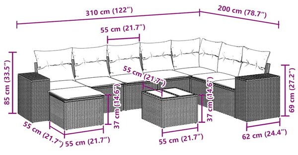 9 részes fekete polyrattan kerti ülőgarnitúra párnákkal