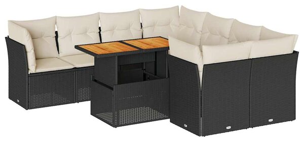 9 részes fekete polyrattan kerti ülőgarnitúra párnákkal