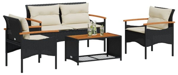 4 részes fekete polyrattan kerti ülőgarnitúra párnákkal