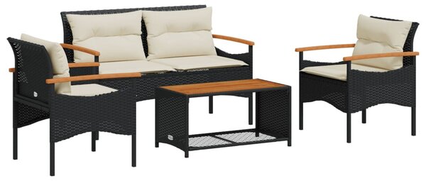 4 részes fekete polyrattan kerti ülőgarnitúra párnákkal