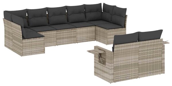 9 részes világosszürke polyrattan kerti ülőgarnitúra párnával