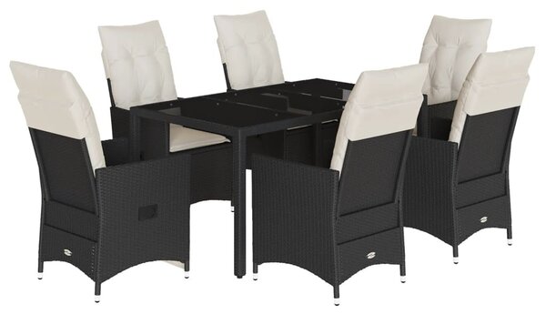7 részes fekete polyrattan kerti étkezőgarnitúra párnával