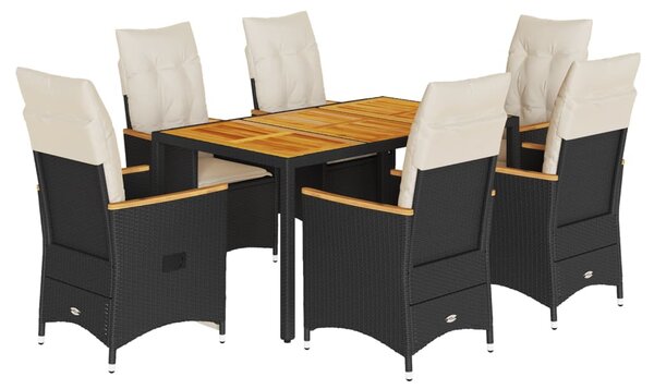 7 részes fekete polyrattan kerti étkezőgarnitúra párnával