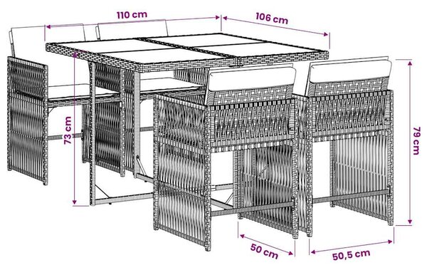 5 részes fekete polyrattan kerti étkezőgarnitúra párnákkal
