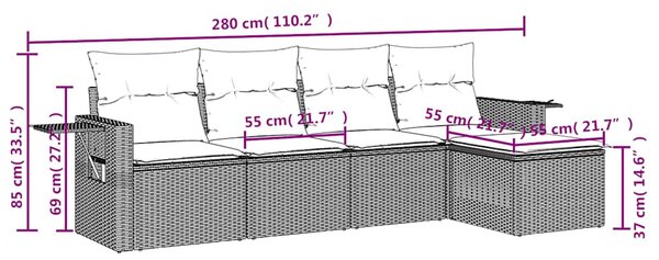 5 részes fekete polyrattan kerti kanapészett párnákkal