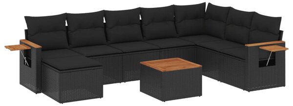 9 részes fekete polyrattan kerti ülőgarnitúra párnákkal