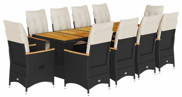11 részes fekete polyrattan kerti bisztrógarnitúra párnákkal