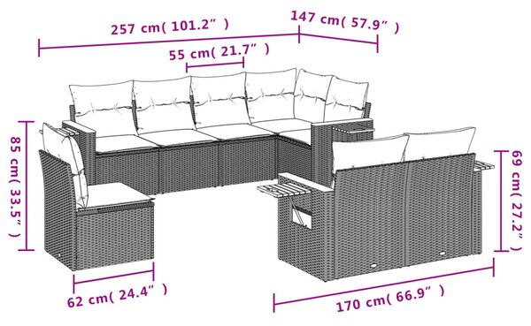 8 részes szürke polyrattan kerti ülőgarnitúra párnákkal