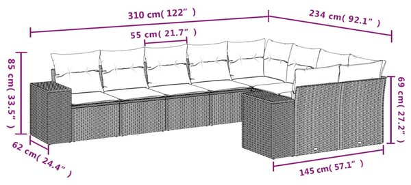 9 részes fekete polyrattan kerti ülőgarnitúra párnákkal