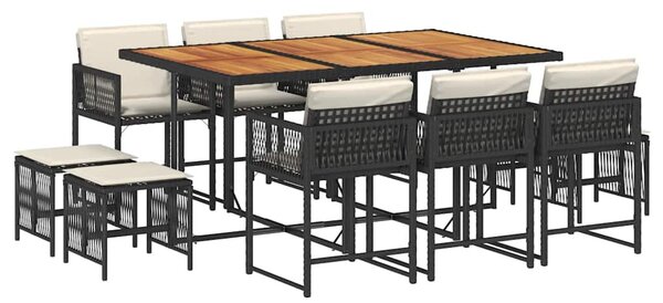 11 részes fekete polyrattan kerti étkezőgarnitúra párnákkal
