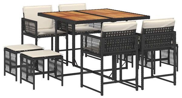 9 részes fekete polyrattan kerti étkezőgarnitúra párnákkal