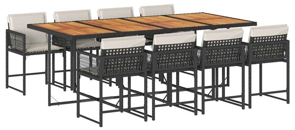 9 részes fekete polyrattan kerti étkezőgarnitúra párnákkal
