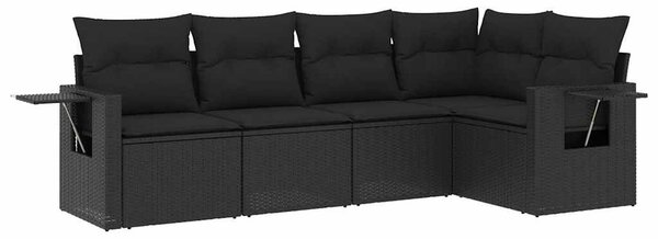 5 részes fekete polyrattan kerti kanapészett párnákkal
