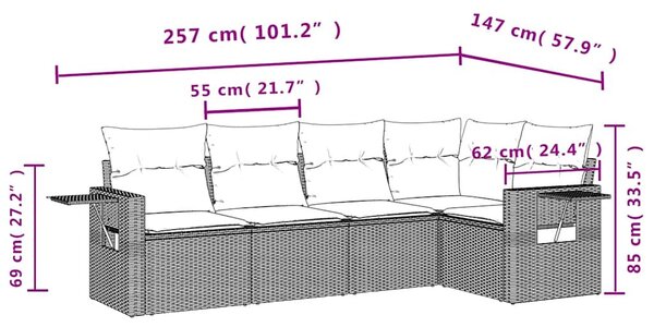5 részes fekete polyrattan kerti kanapészett párnákkal