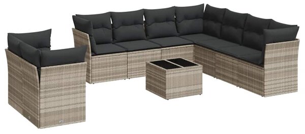 10 részes világosszürke polyrattan kerti ülőgarnitúra párnákkal