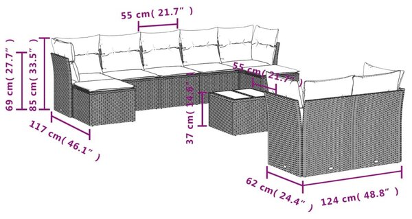 10 részes fekete polyrattan kerti ülőgarnitúra párnákkal