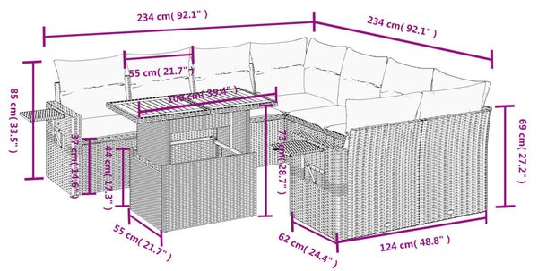9 részes bézs polyrattan kerti ülőgarnitúra párnákkal