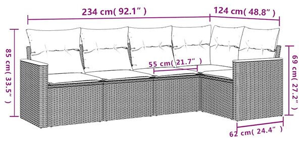 5 részes fekete polyrattan kerti kanapészett párnákkal