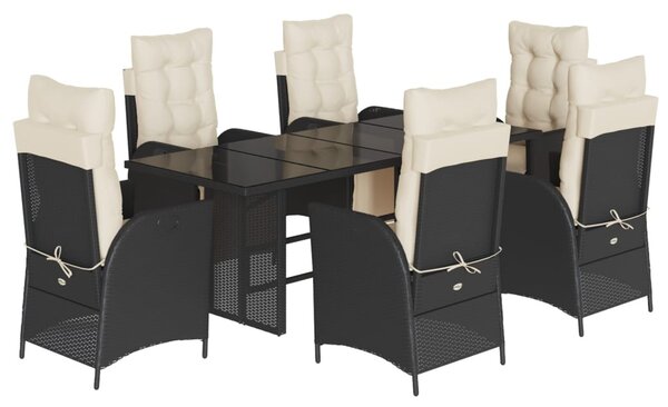 7 részes fekete polyrattan kerti étkezőgarnitúra párnával
