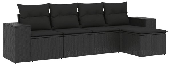 5 részes fekete polyrattan kerti kanapészett párnákkal