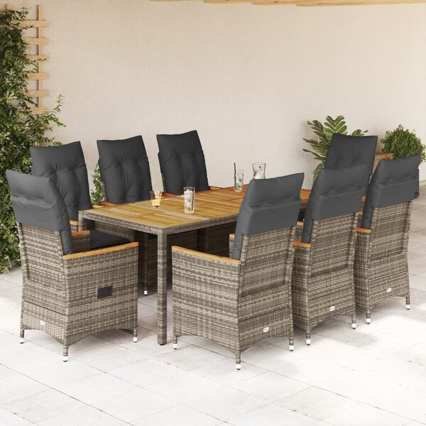 9 részes szürke polyrattan kerti étkezőgarnitúra párnával
