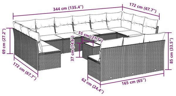 14 részes fekete polyrattan kerti ülőgarnitúra párnákkal