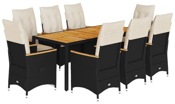 9 részes fekete polyrattan kerti étkezőgarnitúra párnákkal