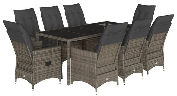 9 részes szürke polyrattan kerti étkezőgarnitúra párnával