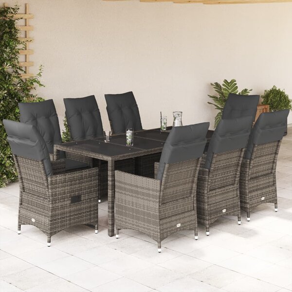 9 részes szürke polyrattan kerti étkezőgarnitúra párnával