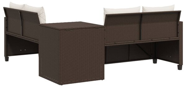 L-alakú barna polyrattan kerti kanapé asztallal és párnákkal