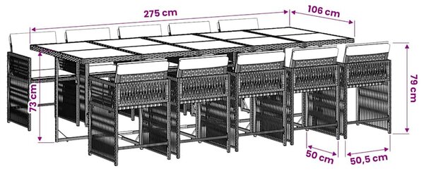 11 részes fekete polyrattan kerti étkezőgarnitúra párnákkal
