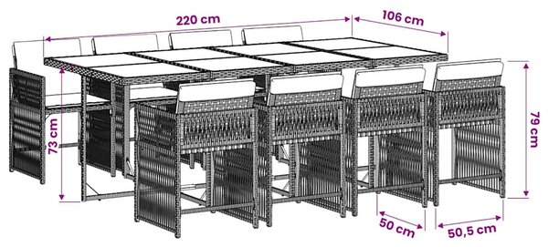 9 részes fekete polyrattan kerti étkezőgarnitúra párnákkal