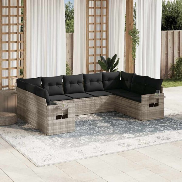 9 részes világosszürke polyrattan kerti ülőgarnitúra párnával