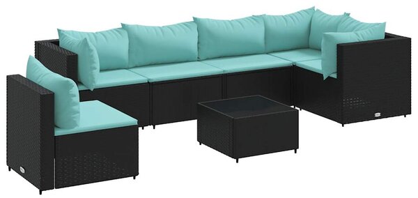 7 részes fekete polyrattan kerti ülőgarnitúra párnákkal