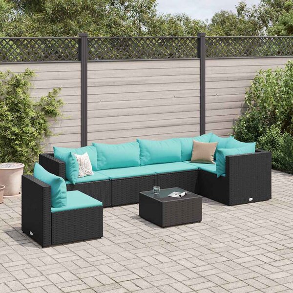 7 részes fekete polyrattan kerti ülőgarnitúra párnákkal