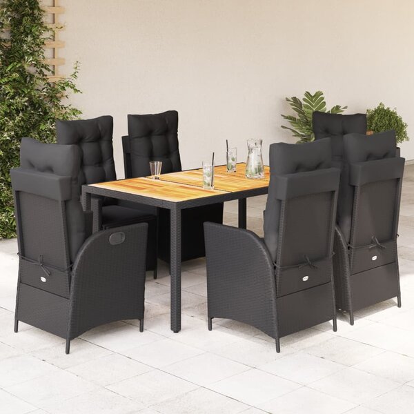 7 részes fekete polyrattan kerti étkezőgarnitúra párnával
