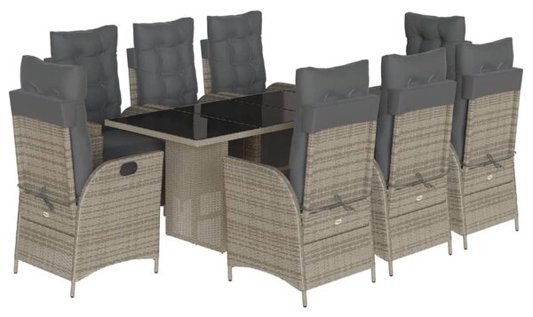 9 részes szürke polyrattan kerti étkezőgarnitúra párnával