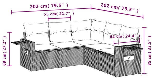 5 részes fekete polyrattan kerti kanapészett párnákkal