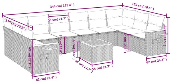 11 részes fekete polyrattan kerti ülőgarnitúra párnákkal